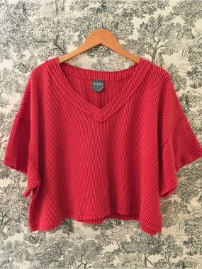 Arula Red Crop Top V Neck Tee T Shirt Size A 1X Ribbed